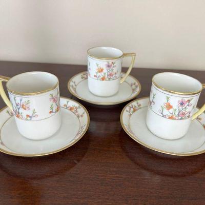 Trio Of Vintage Demitasse Cups & Saucers With Cherry Blossom Design
