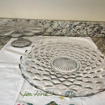 Clear Glass Cake Stand & Fostoria Platter