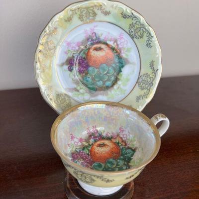 Royal Halsey Very Fine Bone China Fruit Motif Luster Teacup & Saucer With Wooden Display Stand