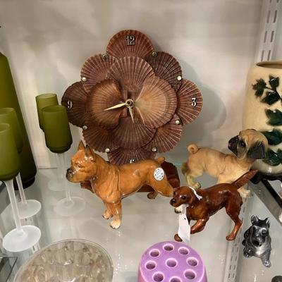 unusual shell clock and great ceramic dogs