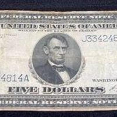 1914 United States $5 Dollar Blue Seal Federal Reserve Note
