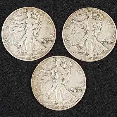 (3) 1942 US Walking Liberty Half Dollar Silver Coins
