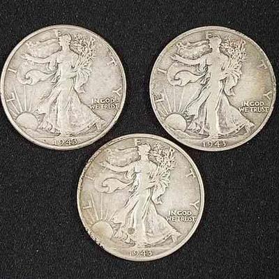 (3) 1943 US Walking Liberty Half Dollar Silver Coins
