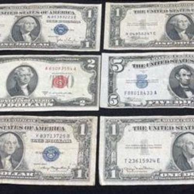 1934-1953 United States Blue & Red Seal $1, $2 & $5 Silver Certificates & Bills
