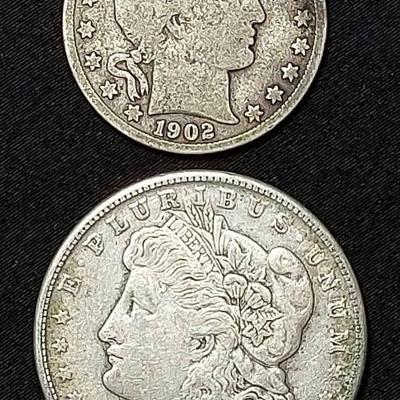 1902 US Half Dollar Barber (VG) & 1921 Morgan Dollar (VG)
