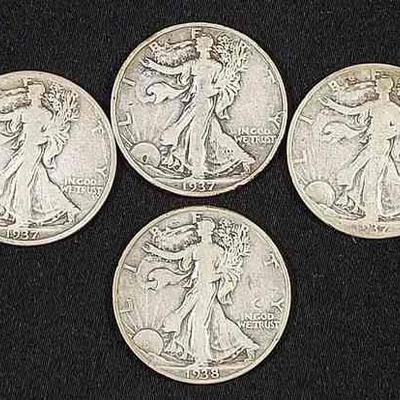 1937(3) & 1938(1) US Walking Liberty Half Dollar Silver Coins

