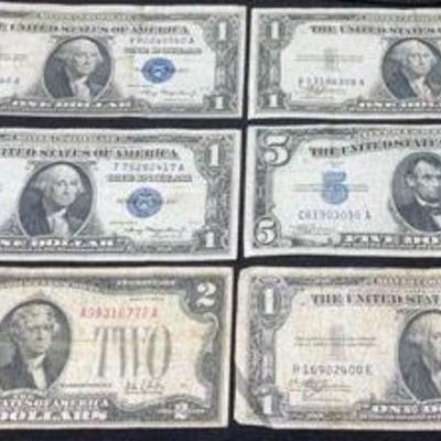 1928-1935 $1, $2 & $5 Dollar Red & Blue Seal Silver Certificates
