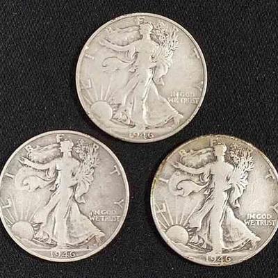 (3) 1946 US Walking Liberty Half Dollar Silver Coins
