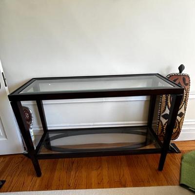 Console table with dark walnut finish removable glass panes top one is beveled glass