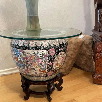 Vintage Japanese Fishbowl with stand and glass tabletop