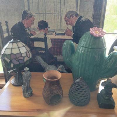 Tiffany type lamp, framed puzzle and a cactus cookie jar