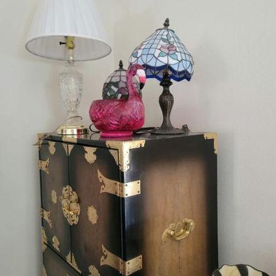 An Asian Chest of Drawers, a cool flamingo & small Tiffany type lamps