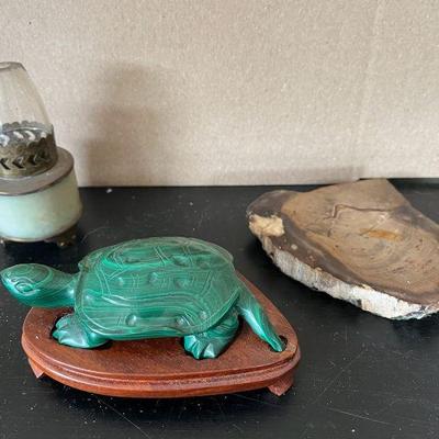 ABS294 Carved Stone Turtle, Small Oil Lamp & Petrified Wood 