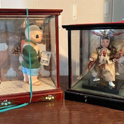 ABS104- (2) Vintage Japanese Dolls In Glass Display Case 