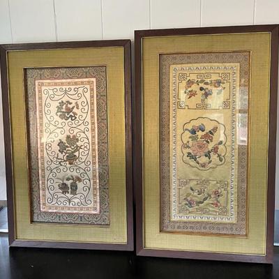 ABS198 Pair Of Framed Asian Embroidered Silk Fabric Art