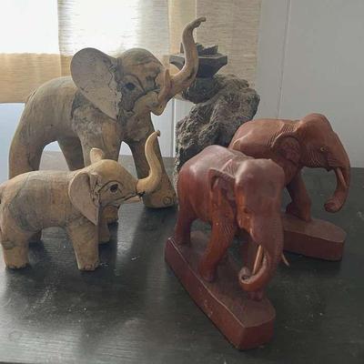 ABS107- Wooden Carved Elephants & Stone Decor 