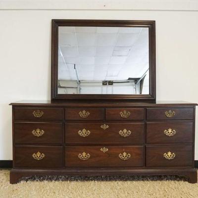 1212	DREXEL *BICENTENNIAL* 9 DRAWER LOW CHEST ON BRACKET FEET W/HANGING MIRROR, APPROXIMATELY 72 IN X 19 IN X 31 IN HIGH
