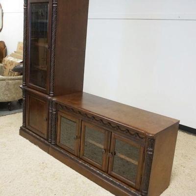 1231	2 PART ENTERTAINMENT SECTION W/DISPLAY CABINET & STAND, BOTH HAVING CARVED COLUMN FRONTS, COMBINED APPROXIMATELY 78 IN X 21 IN X 75...