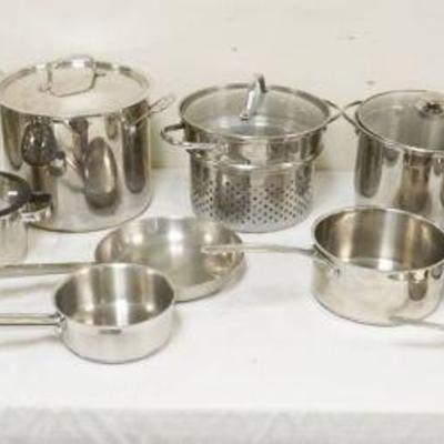 1279	LARGE SELECTION OF STAINLESS COOKWARE INCLUDING ALL-CLAD, BERNDES, KUNN RIKON, PALM
