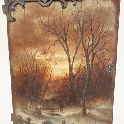 1130	ANTIQUE OIL PAINTING ON BOARD, DOOR PANEL W/EASLE BACK, ARTIST SIGNED RS SIDAY 1889, APPROXIMATELY 14 1/2 IN X 23 IN OVERALL
