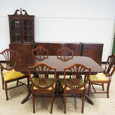 1211	MAHOGANY 10 PIECE DINING ROOM SET, CHINA, BUFFET, SERVER, TABLE W/PULL OUT LEAF & 6 SHEILD BACK CHAIRS
