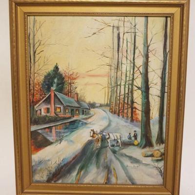 1132	OIL PAINTING ON CANVAS, RURAL WINTER SCENE, ARTIST SIGNED FRANCIS JANE YOA, APPROXIMATELY 20 IN X 24 IN OVERALL
