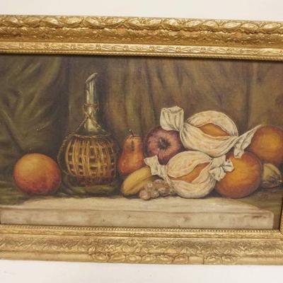 1142	ANTIQUE OIL PAINTING ON CANVAS, STILL LIFE, APPROXIMATELY 16 IN X 24 IN
