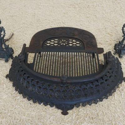 1245	ANTIQUE ORNATE VICTORIAN CAST IRON FIREPLACE FENDER AND ANDIRONS, FENDER APPROXIMATELY 34 IN
