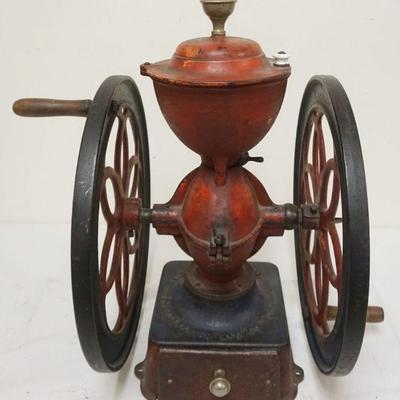 1065	ANTIQUE COUNTRY STORE 2 WHEEL COFFEE GRINDER, ENTERPRISE, APPROXIMATELY 24 IN HIGH
