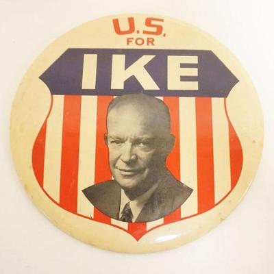 1109	LARGE POLITICAL BUTTON U.S. FOR IKE, APPROXIMATELY 9 IN
