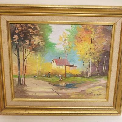 1128	ARTIST SIGNED OIL PAINTING ON BOARD, HOUSE W/PEOPLE ON A WOODED COUNTRY ROAD, APPROXIMATELY 11 IN X 13 IN OVERALL
