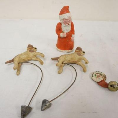 1093	ANTIQUE COMPOSITION 5 IN HIGH SANTA, SANTA ORRS DEPARTMENT STORE BUTTON & 2 ROCKING DOGS
