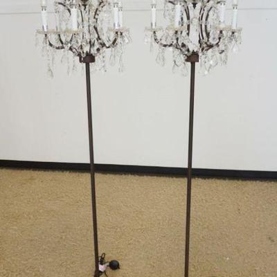 1253	OUTSTANDING PAIR OF FLOOR STANDING CRYSTAL CANDELABRA LAMPS WITH PRISMS, EACH APPROXIMATELY 77 IN H
