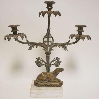 1012	VICTORIAN BRASS CANDELABRA W/DOG ON MARBLE BASE, APPROXIMATELY 16 IN X 17 1/2 IN WIDE
