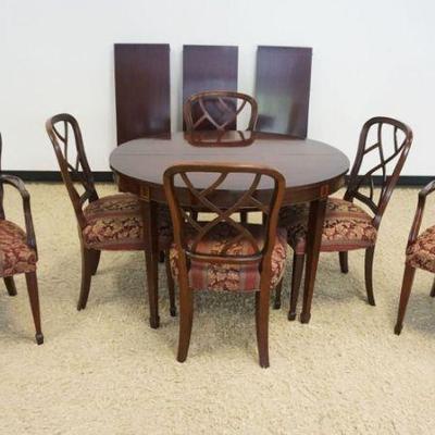 1223	MAHOGANY OVAL DINING TABLE *OXFORD* W/3-16 IN LEAVES, SOME W/LOSS TO SKIRT & UPHOLSTERED SEAT CHAIRS
