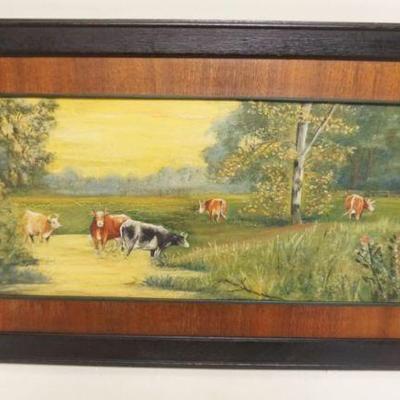 1131	OIL PAINTING ON BOARD, COWS IN PASTURE, APPROXIMATELY 13 IN X 25 IN
