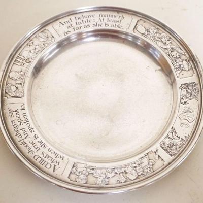 1187	STERLING SILVER EMBOSSED CHILDS DISH W/IMAGES & PARABLES, 4.76 OZT, APPROXIMATELY 6 1/4 IN
