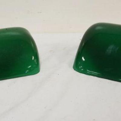 1150	2 CASED GLASS EMERALD GREEN DESK LAMP SHADES, APPROXIMATELY 9 IN X 5 1/2 IN AT BASE OF SHADE & 9 IN X 5 3/4 IN
