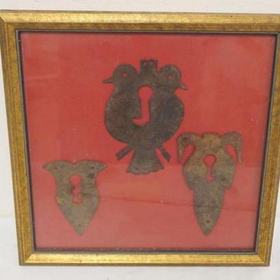 1051	ANTIQUE WROUGHT IRON HAND FORGED KEY ESCUTHEON, FRAMED, LARGEST APPROXIMATELY 6 IN X 4 IN
