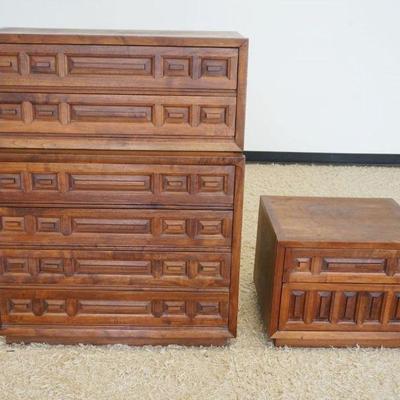 1257	MID CENTURY MODERN WALNUT 2 PART CHEST OF DRAWERS AND BED SIDE STAND, CHEST APPROXIMATELY 37 IN X 19 IN X 47 IN H
