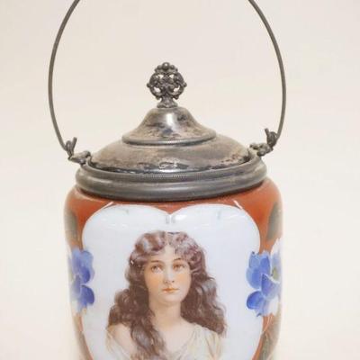 1002	ANTIQUE VICTORIAN BISCUIT JAR W/IMAGE OF YOUNG WOMAN & FLOWERS, APPROXIMATELY 11 IN HIGH
