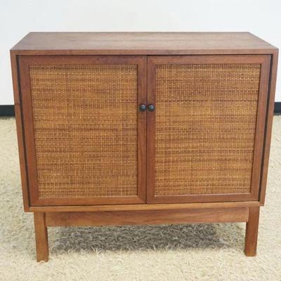 1264	DANISH MODERN CABINET WITH DOUBLE WOVEN PANELED DOORS ON STAND WITH ADJUSTABLE INTERIOR SHELF, APPROXIMATELY 36 IN X 16 IN X 34 IN H
