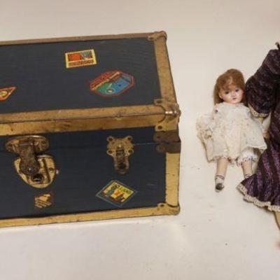 1097	2 ANTIQUE BISQUE HEAD DOLLS & DOLL TRUNK, LARGEST DOLL APPROXIMATELY 15 IN TALL
