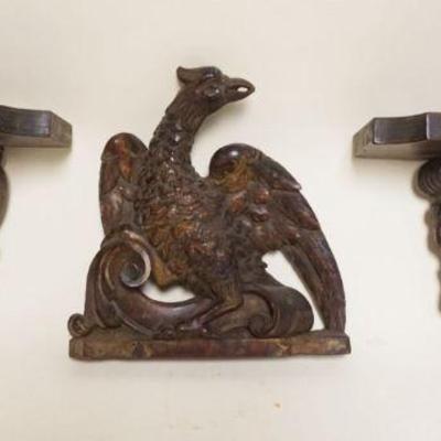 1115	GROUP OF CARVED WOOD & SYROCO WOOD WALL SHELVES  & CARVED WOOD EAGLE CREST, APPROXIMATELY 9 IN X 9 IN HIGH

