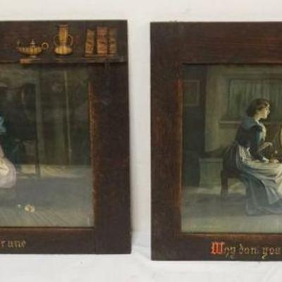 1147	PAIR OF FIRESIDE PRINTS DATED 1909 OF COUPLES TITLED *HANGING THE CRANE* & *WHY DON'T YOU SPEAK FOR YOURSELF JOHN?*, EACH...