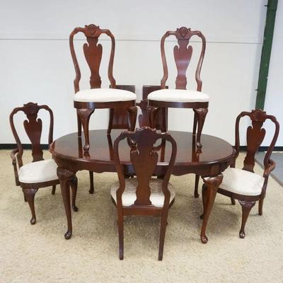 1230	STANLEY *THE AMERICAN HERITAGE* DINING TABLE, W2 LEAVES & 6 QUEEN ANNE STYLE CHAIRS W/SHELL CARVED CRESTS, TABLE APPROXIMATELY 66 IN...