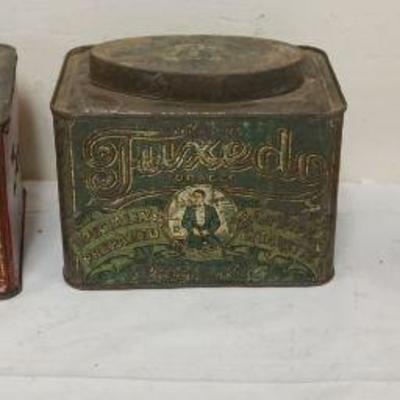 1076	ANTIQUE TOBACCO TINS INCLUDING UNION LEADER, TUXEDO, CENTRAL UNION CUT PLUG, LARGEST APPROXIMATELY 8 IN X 6 IN X 8 IN
