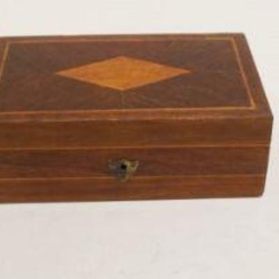 1112	3 ANTIQUE INLAID MAHOGANY & WALNUT SEWING & JEWELRY BOXES, LARGEST 5 IN X 8 IN X 3 IN HIGH
