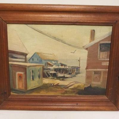 1133	OIL PAINTING ON BOARD, SHORE/HARBOR SCENE, ARTIST SIGNED BARTLETT, APPROXIMATELY 17 IN X 21 IN OVERALL

