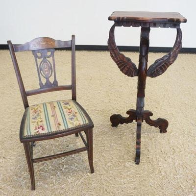 1239	WALNUT PEDESTAL W/WINGED GRIFFITH BASE & INLAID VICTORIAN SIDE CHAIR W/UPHOLSTERED SEAT, PEDESTAL APPROXIMATELY 16 IN X 11 IN X 36...